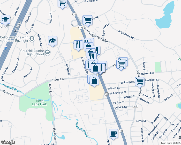 map of restaurants, bars, coffee shops, grocery stores, and more near 342 Crosspointe Drive in East Brunswick