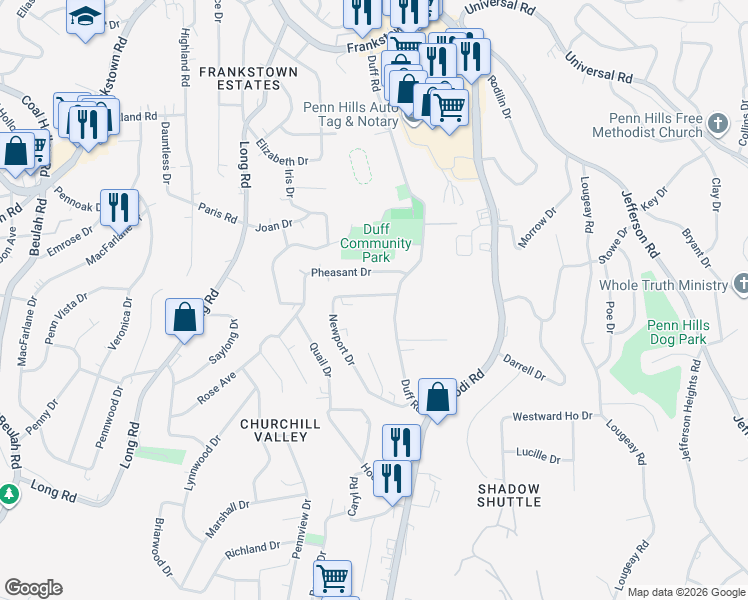 map of restaurants, bars, coffee shops, grocery stores, and more near 507 Newport Drive in Pittsburgh