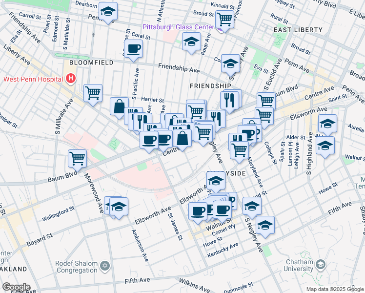 map of restaurants, bars, coffee shops, grocery stores, and more near Centre Ave & S Graham St in Pittsburgh