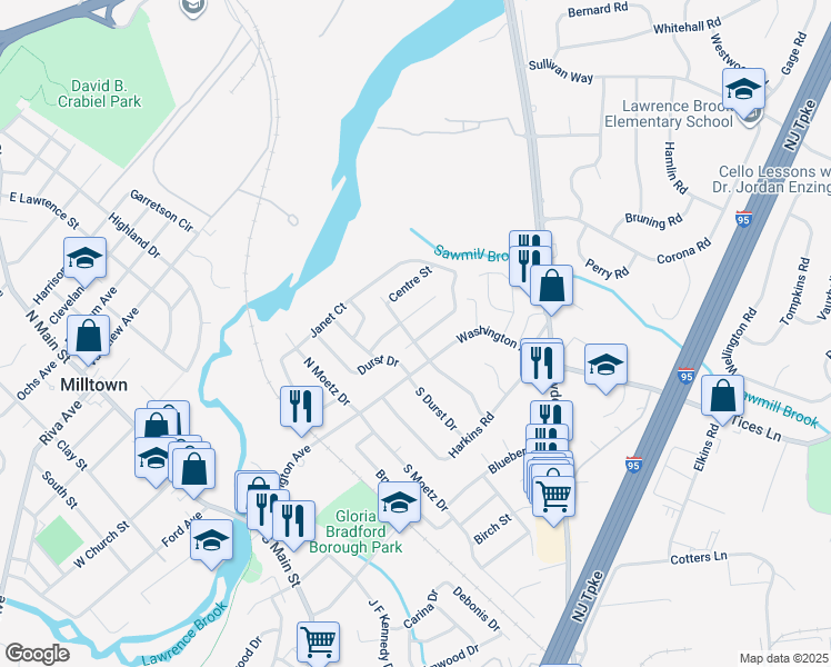 map of restaurants, bars, coffee shops, grocery stores, and more near 9 Howard Street in Milltown