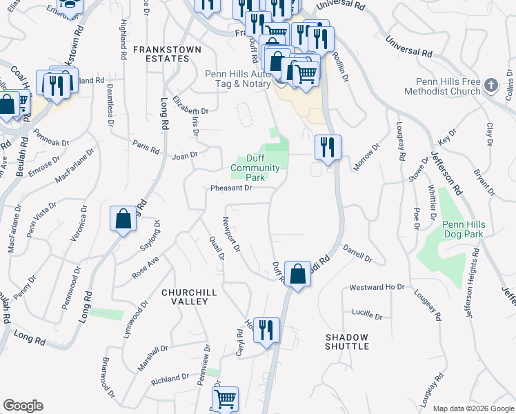 map of restaurants, bars, coffee shops, grocery stores, and more near 507 Newport Drive in Pittsburgh