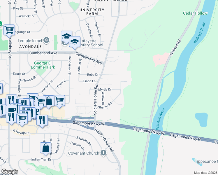 map of restaurants, bars, coffee shops, grocery stores, and more near 212 Myrtle Drive in West Lafayette