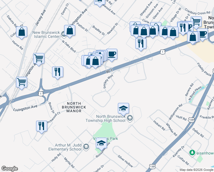 map of restaurants, bars, coffee shops, grocery stores, and more near 72 Delancy Court in North Brunswick Township
