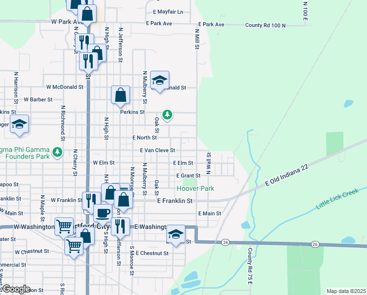 map of restaurants, bars, coffee shops, grocery stores, and more near 601 East Van Cleve Street in Hartford City
