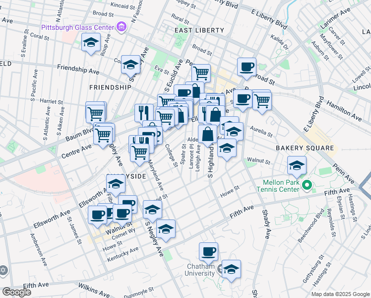 map of restaurants, bars, coffee shops, grocery stores, and more near 321 Spahr Street in Pittsburgh