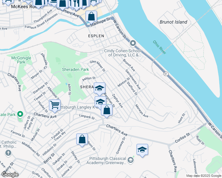 map of restaurants, bars, coffee shops, grocery stores, and more near 3004 Zephyr Avenue in Pittsburgh