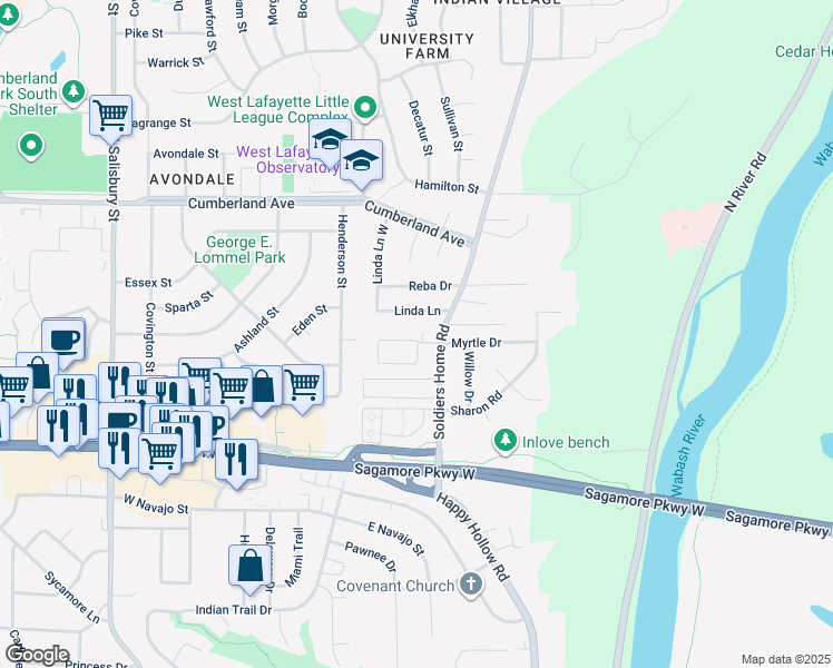 map of restaurants, bars, coffee shops, grocery stores, and more near 124 Westview Circle in West Lafayette