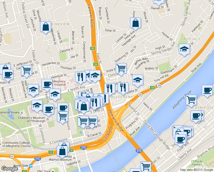 map of restaurants, bars, coffee shops, grocery stores, and more near 1000 Madison Avenue in Pittsburgh