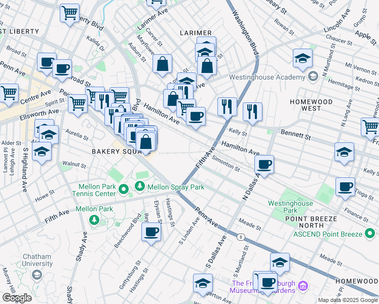 map of restaurants, bars, coffee shops, grocery stores, and more near Rainbow Street in Pittsburgh