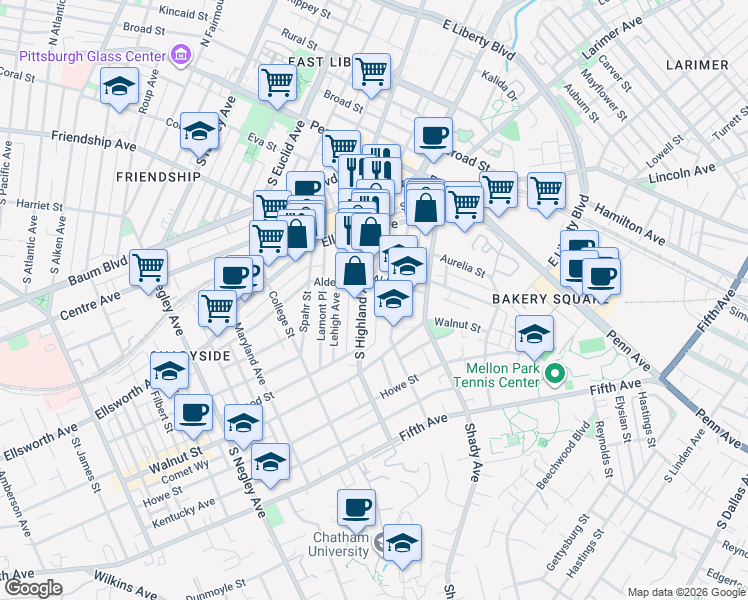 map of restaurants, bars, coffee shops, grocery stores, and more near 325 South Highland Avenue in Pittsburgh