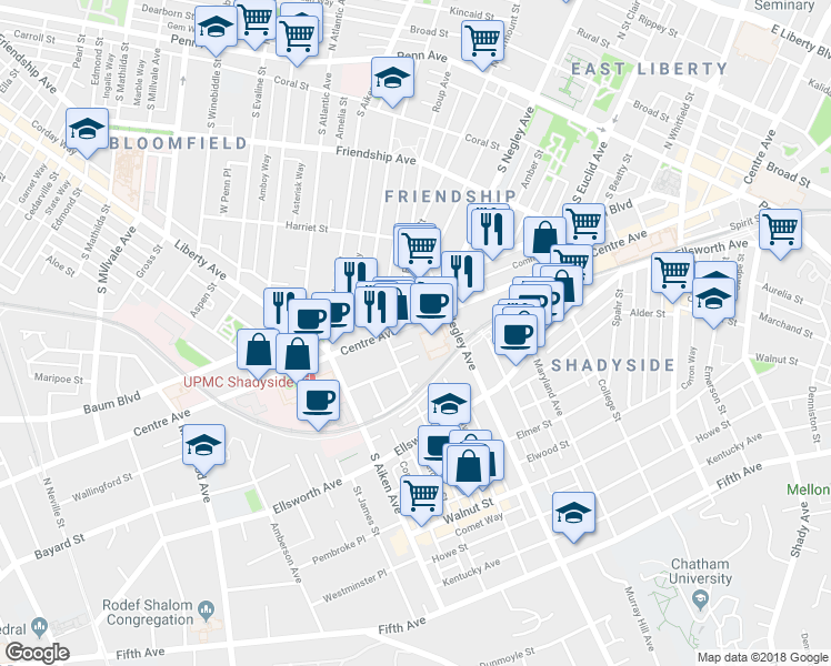 map of restaurants, bars, coffee shops, grocery stores, and more near 5526 Centre Avenue in Pittsburgh