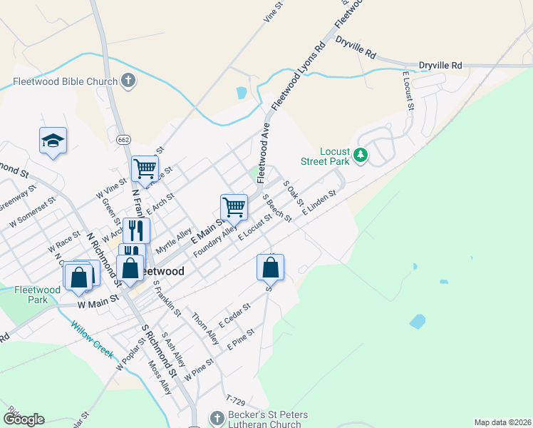 map of restaurants, bars, coffee shops, grocery stores, and more near 317 East Locust Street in Fleetwood