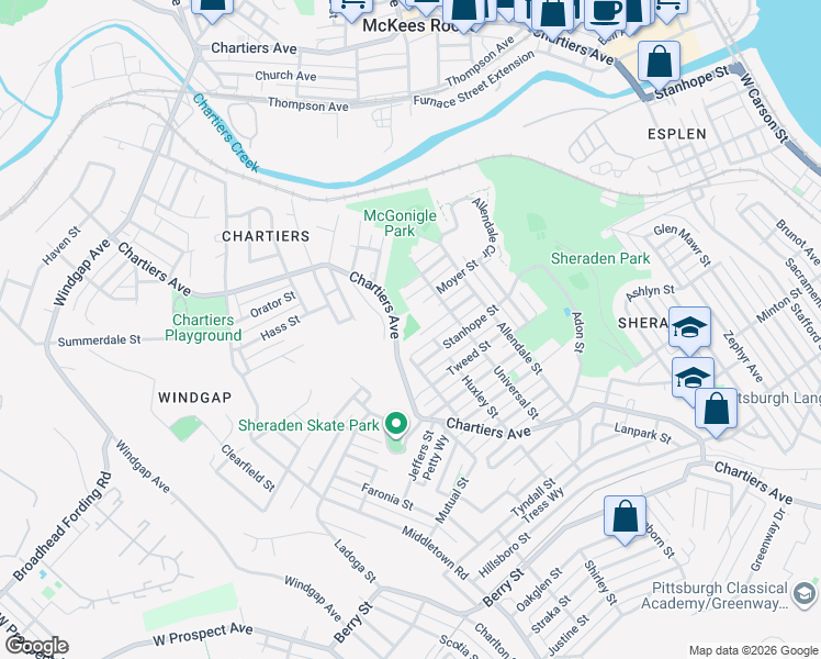 map of restaurants, bars, coffee shops, grocery stores, and more near 1200 Faust Street in Pittsburgh