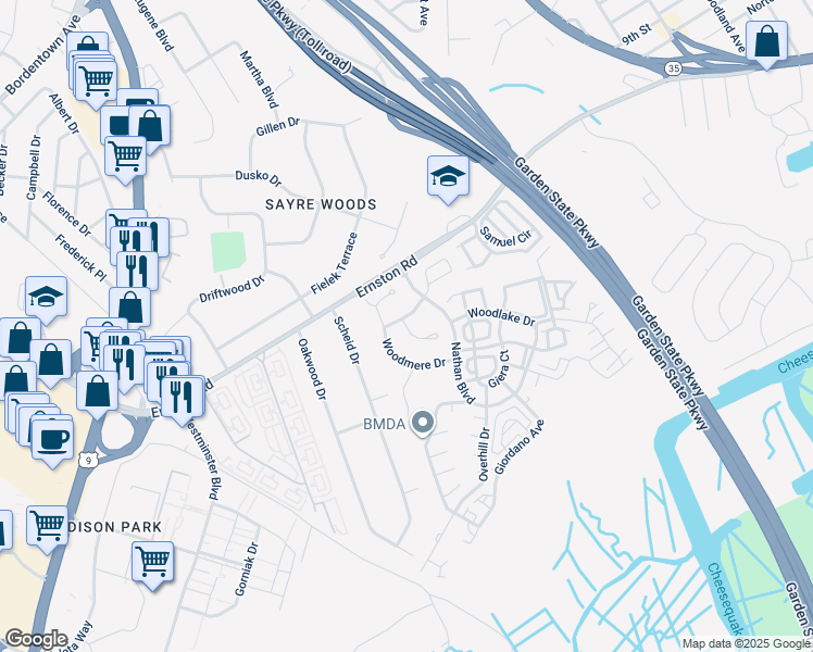 map of restaurants, bars, coffee shops, grocery stores, and more near 11 Upperbrook Court in Sayreville