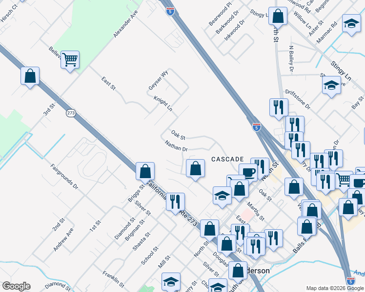 map of restaurants, bars, coffee shops, grocery stores, and more near 3384 Nathan Dr in Anderson