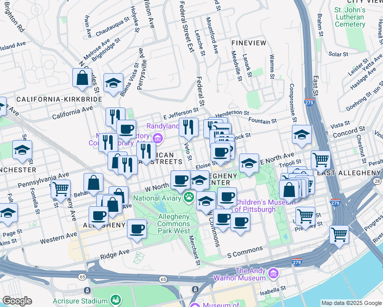 map of restaurants, bars, coffee shops, grocery stores, and more near 1301 Arch Street in Pittsburgh