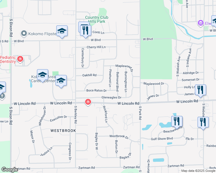 map of restaurants, bars, coffee shops, grocery stores, and more near 2421 Pinehurst Ln in Kokomo