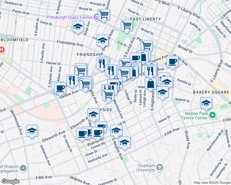 map of restaurants, bars, coffee shops, grocery stores, and more near 5817 Ellsworth Avenue in Pittsburgh