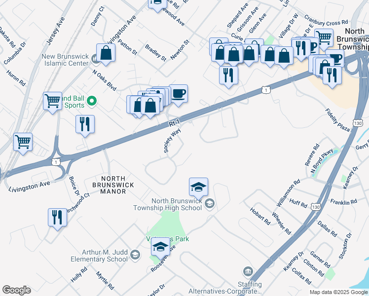 map of restaurants, bars, coffee shops, grocery stores, and more near 36 Lafayette Court in North Brunswick Township