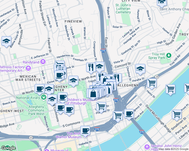 map of restaurants, bars, coffee shops, grocery stores, and more near 516 East North Avenue in Pittsburgh