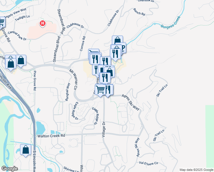 map of restaurants, bars, coffee shops, grocery stores, and more near 2250 Apres Ski Way in Steamboat Springs