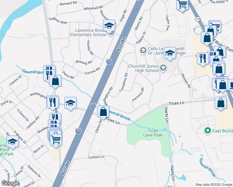 map of restaurants, bars, coffee shops, grocery stores, and more near 29 Tompkins Road in East Brunswick