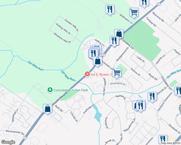 map of restaurants, bars, coffee shops, grocery stores, and more near 999 Hidden Lake Drive in North Brunswick Township