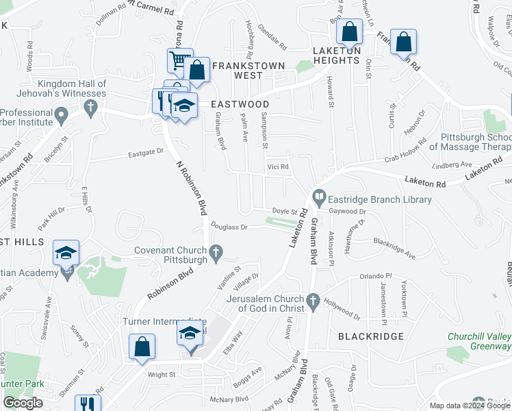 map of restaurants, bars, coffee shops, grocery stores, and more near 1680 Doyle Street in Pittsburgh