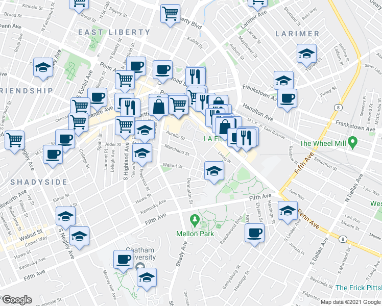 map of restaurants, bars, coffee shops, grocery stores, and more near 6350 Marchand Street in Pittsburgh