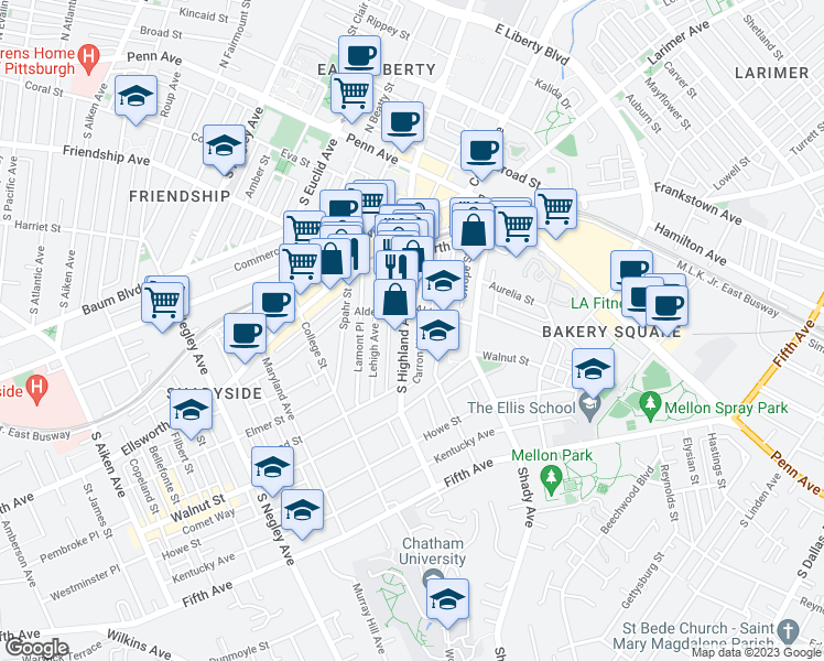 map of restaurants, bars, coffee shops, grocery stores, and more near 325 South Highland Avenue in Pittsburgh