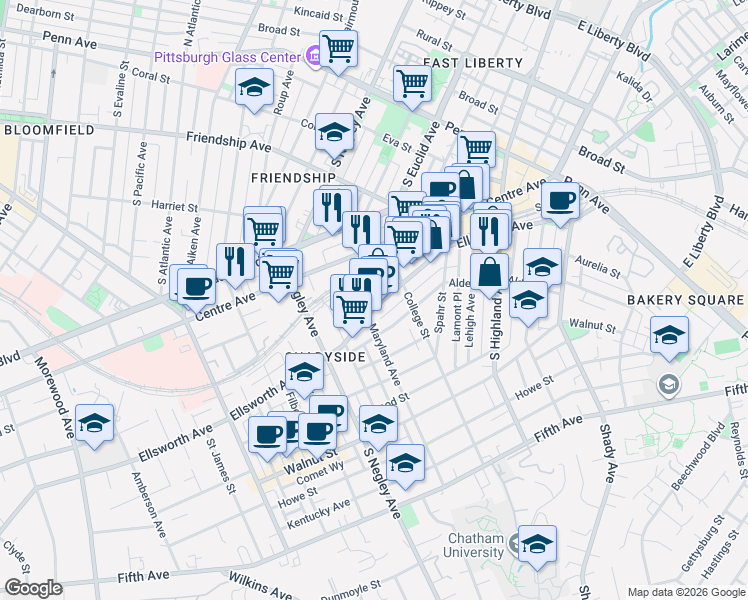 map of restaurants, bars, coffee shops, grocery stores, and more near 5817 Alder Street in Pittsburgh