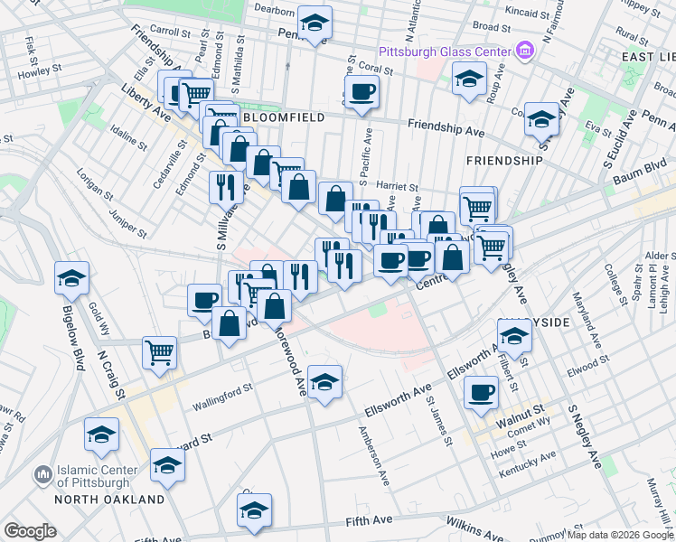 map of restaurants, bars, coffee shops, grocery stores, and more near in Pittsburgh