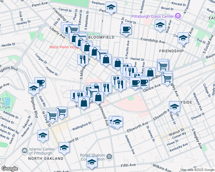 map of restaurants, bars, coffee shops, grocery stores, and more near 5137 Woodworth Street in Pittsburgh