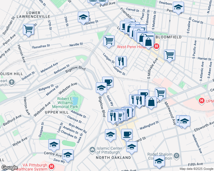 map of restaurants, bars, coffee shops, grocery stores, and more near 461 Melwood Avenue in Pittsburgh