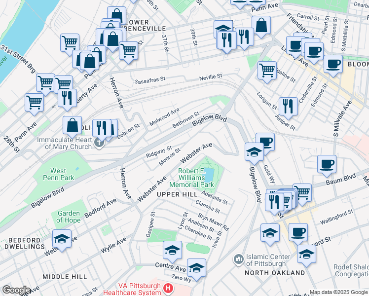 map of restaurants, bars, coffee shops, grocery stores, and more near 3454 Monroe Street in Pittsburgh