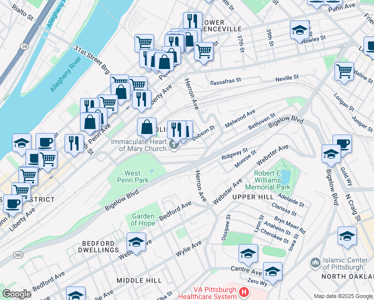 map of restaurants, bars, coffee shops, grocery stores, and more near 3116 Brereton Street in Pittsburgh