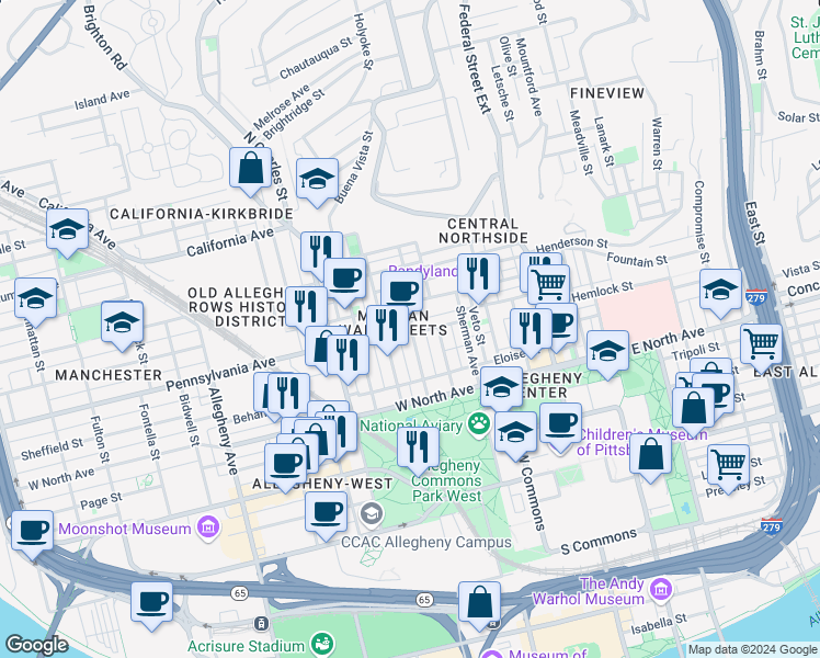 map of restaurants, bars, coffee shops, grocery stores, and more near in Pittsburgh