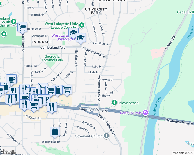 map of restaurants, bars, coffee shops, grocery stores, and more near 124 Westview Circle in West Lafayette