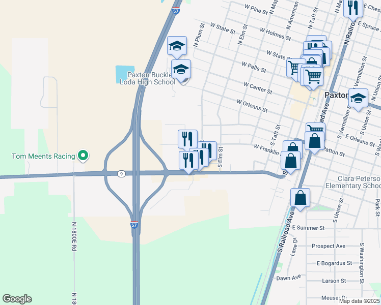 map of restaurants, bars, coffee shops, grocery stores, and more near 530 South Cherry Street in Paxton