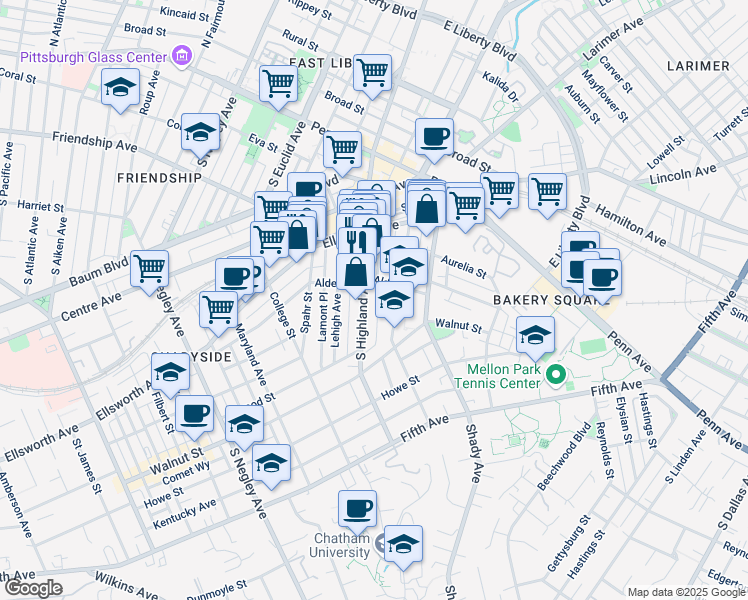 map of restaurants, bars, coffee shops, grocery stores, and more near 325 South Highland Avenue in Pittsburgh