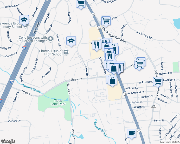 map of restaurants, bars, coffee shops, grocery stores, and more near 94 Longfield Court in East Brunswick