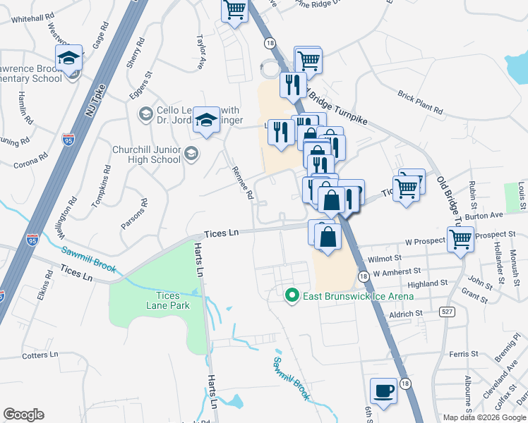 map of restaurants, bars, coffee shops, grocery stores, and more near 94 Longfield Court in East Brunswick