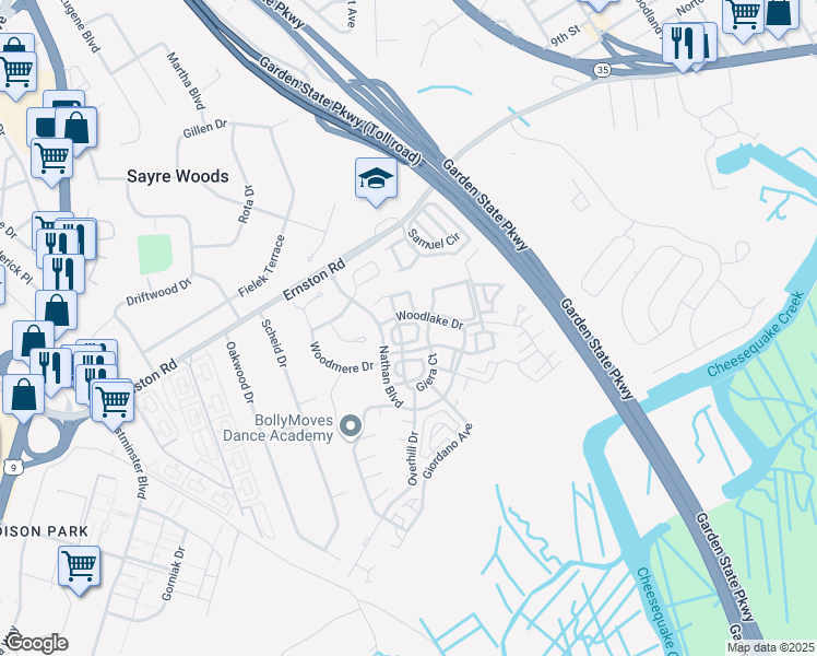 map of restaurants, bars, coffee shops, grocery stores, and more near 9 Giera Court in Sayreville