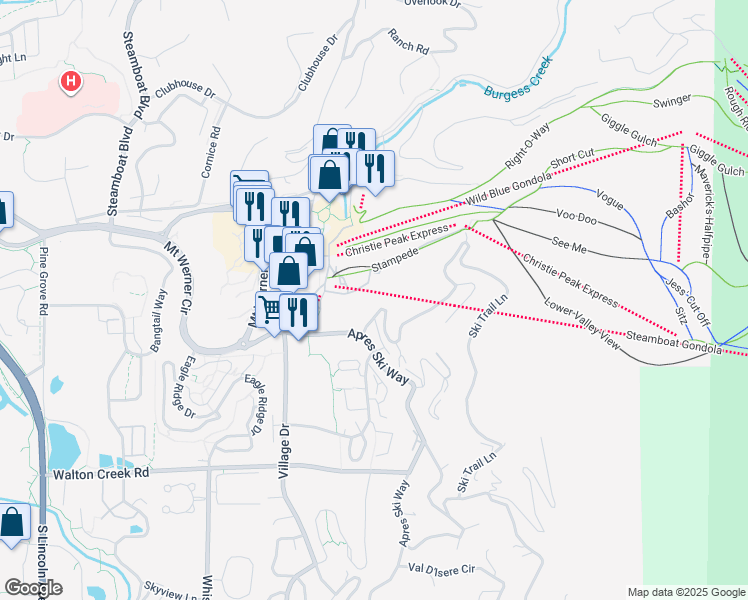 map of restaurants, bars, coffee shops, grocery stores, and more near 2308 Ski Trail Lane in Steamboat Springs