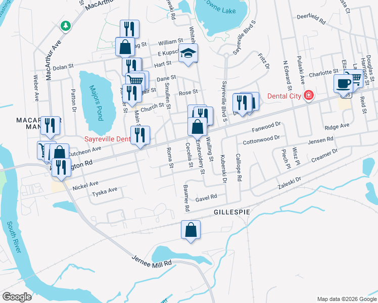 map of restaurants, bars, coffee shops, grocery stores, and more near 11 Cecelia Street in Sayreville