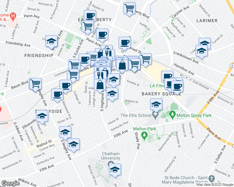 map of restaurants, bars, coffee shops, grocery stores, and more near 6202 Alder Street in Pittsburgh