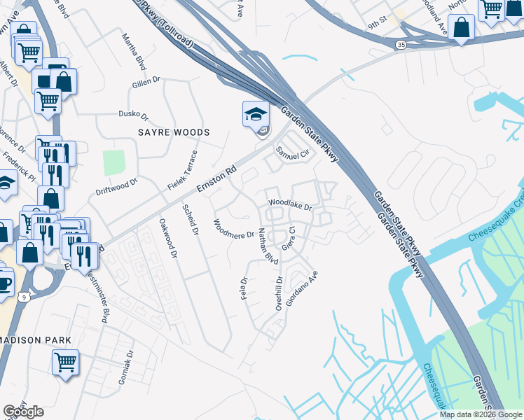 map of restaurants, bars, coffee shops, grocery stores, and more near 53 Nathan Boulevard in Sayreville