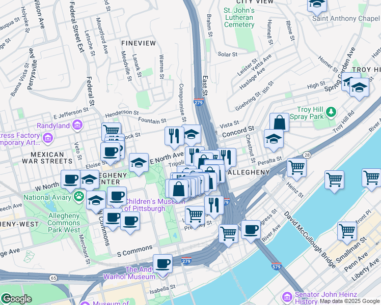 map of restaurants, bars, coffee shops, grocery stores, and more near 601 Union Ave Exd in Pittsburgh
