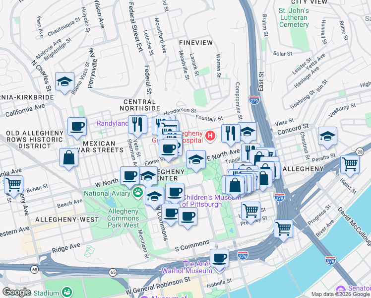 map of restaurants, bars, coffee shops, grocery stores, and more near 1214 Loraine Street in Pittsburgh