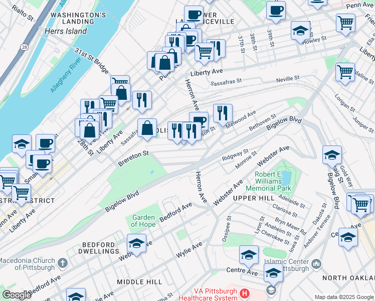 map of restaurants, bars, coffee shops, grocery stores, and more near 3106 Brereton Street in Pittsburgh